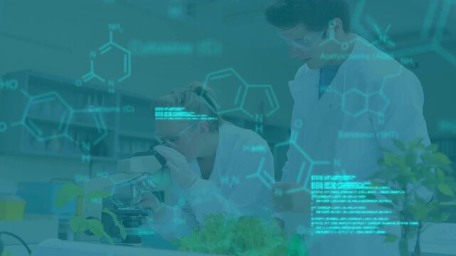 Woman operating microscope examining leaf sample while lab partner pointing code overlaying bench