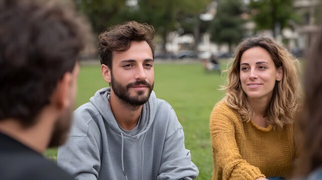 Group of young adults enjoying a conversation in a park