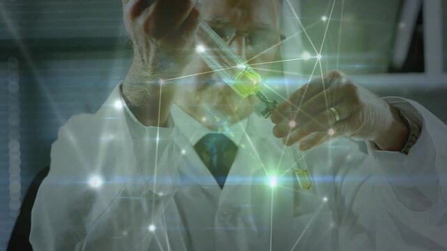 Sr scientist using syringe, filling vial with yellow liquid for research, network overlaying frames
