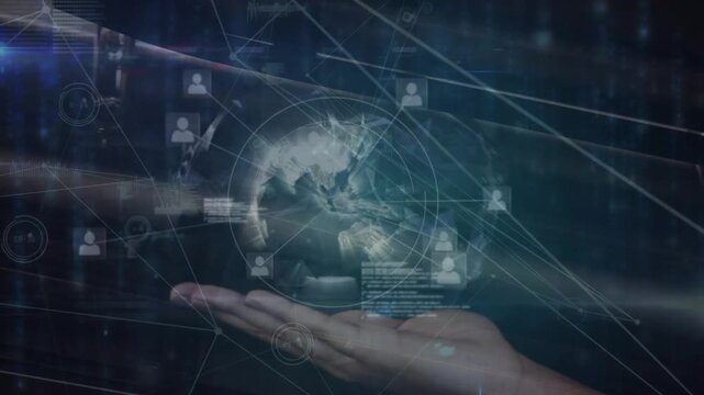 Right hand entering lower-right holding palm initiating hologram globe forming icons tech demo