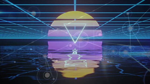 Inverted triangle pulsing triggers HUD markers, shifting ripples, highlighting technology design