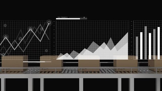 Conveyor carrying boxes while magnifier targeting box, charts animating and monitoring logistics