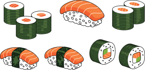 Salmon sushi vector illustration set with nigiri and maki rolls, Japanese seafood cuisine collection with rice, seaweed and salmon slices © tofajjol studio