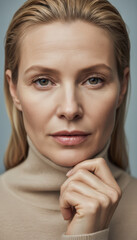 Fototapeta premium Serene blonde woman with captivating gaze, thoughtfully touching her turtleneck collar in soft studio lighting.