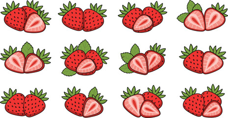 Strawberry fruit vector illustration set with whole and sliced strawberries, fresh red berry collection with leaves for dessert, healthy food and summer design © tofajjol studio