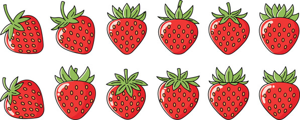 Strawberry fruit vector illustration set with fresh red strawberries and green leaves, juicy berry collection for healthy food, dessert and organic farming design © tofajjol studio