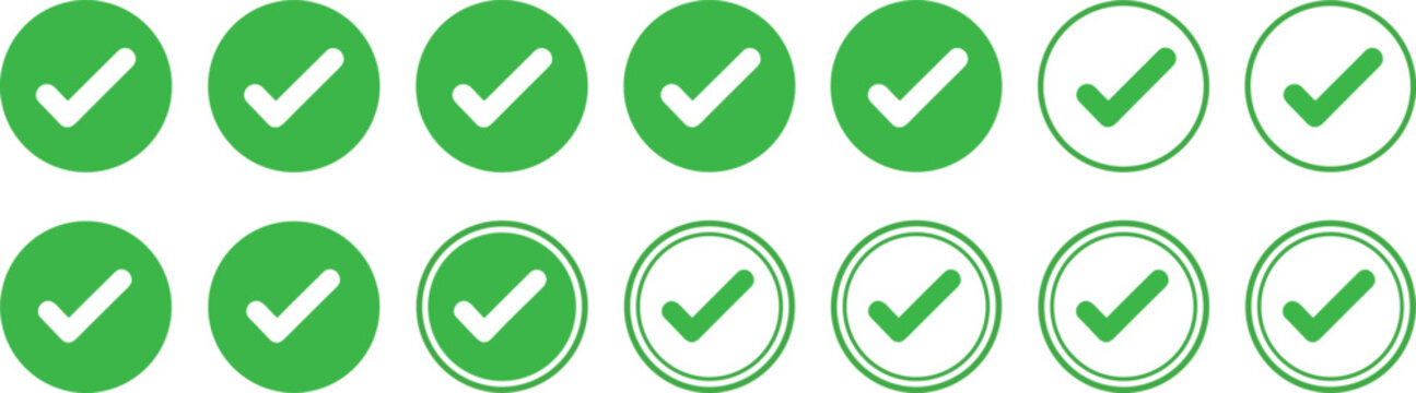 Green check mark icon set with approved tick symbols in circle badges, confirmation, verification and success indicator collection for UI and web design