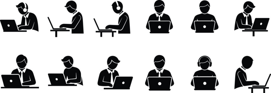 People working on laptop silhouette icon set with remote workers, freelancers and office employees using computers for online work and technology concept