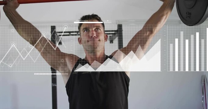 Man doing barbell press from rack into bent-over row in gym, HUD overlaying torso tracking metrics