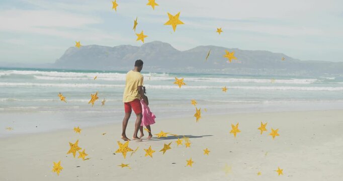 Father guiding daughter through spins, steps, family play along shore to surf, gold stars floating