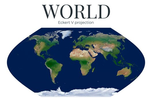 World Map. Eckert V projection. High Detail Physical Map of The World. Raster Graphic Illustration.