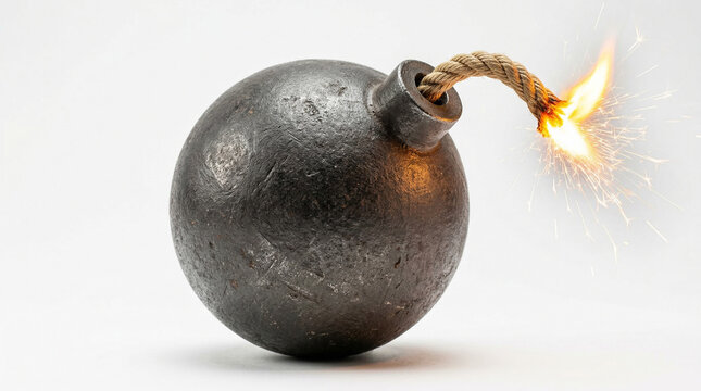 Lit cannonball bomb with a burning fuse and sparks, symbolizing danger, urgency, and impending explosion isolated PNG with Transparent Background