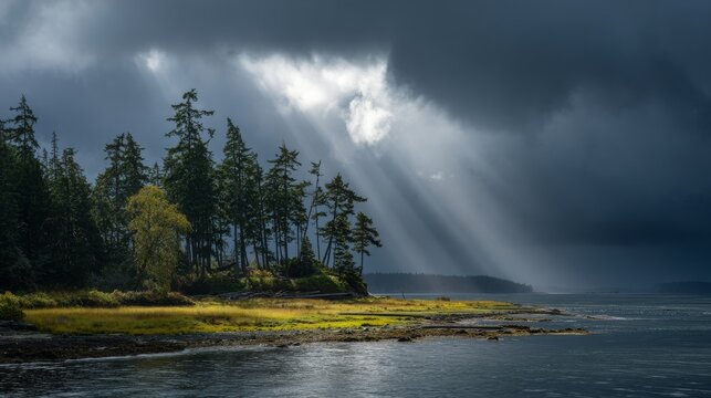 Dramatic sun rays breaking through storm clouds over dark sea