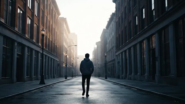 Man Walking Away on Empty Street Lined with Brick Buildings Under Bright Sky Back View in Urban Landscape with Streetlights and Gloomy Atmosphere