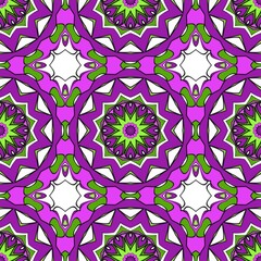 Vivid violet and green star-shaped mandalas form a seamless ornamental pattern with strong contrast, ideal for bold textiles, wrapping paper, and digital art projects.