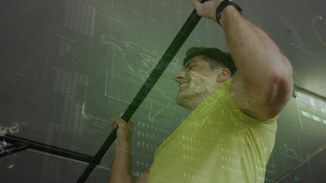 Man reaching up gripping bar, pulling, holding, lowering while green HUD map logging fitness data