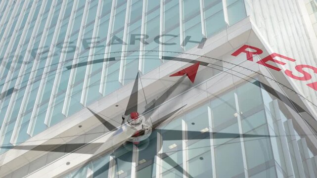 Start compass fading rotating, arrow clearing RESEARCH showing, needle settling NE to show research