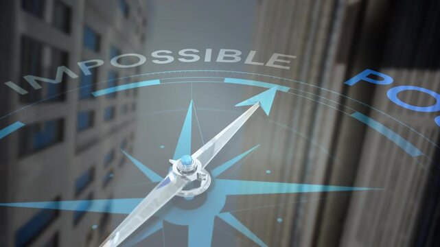 Rotating holographic compass and metal needle revealing POSSIBLE in urban canyon blue hub shining
