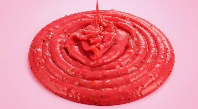 A continuous stream of red fruit preserve falling onto the circular base layer