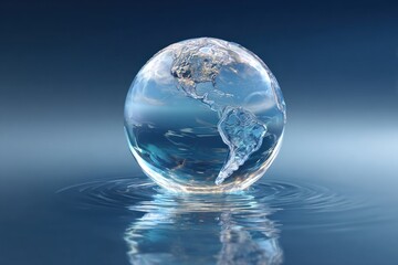 Floating earth globe made of transparent water surface with ripples forming continents, ocean concept
