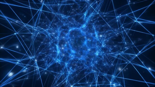青いライン粒子がゆっくり再構築される未来型データネットワーク空間背景