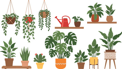 indoor houseplant collection vector illustration, potted tropical plants monstera cactus snake plant hanging planters home decor botanical set isolated © Candek
