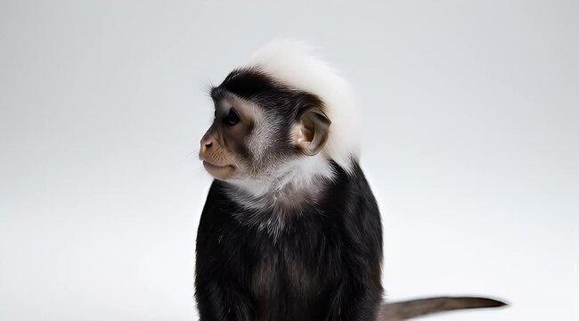 Crested macaque portrait with white background staring to the left thoughtfully
