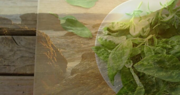 Top-down bowl of greens, overlay blend starting and sliding, warming leaves evoking culinary mood