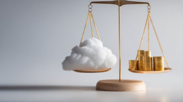 An image of a classic balance scale, with a cloud on one side and stacks of coins on the other, symbolizing balance and trade-off