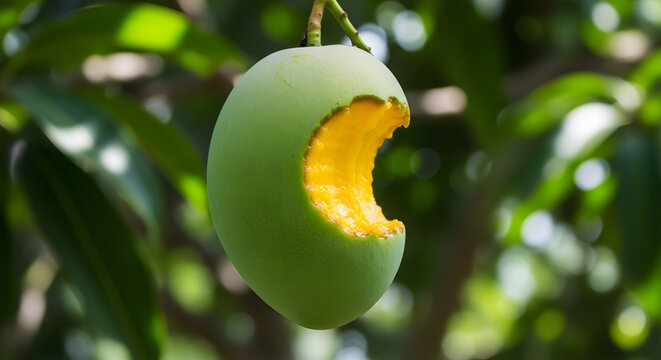 Green mango with bite mark showing bright yellow flesh hanging on tree fruit