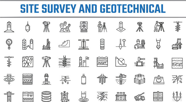 Site Survey and Geotechnical Preparation Outline Vector Icon Set &mdash; Drilling Rig, Borehole, Cone Penetration Test, Soil Profile, Plate Load Editable Stroke Icons