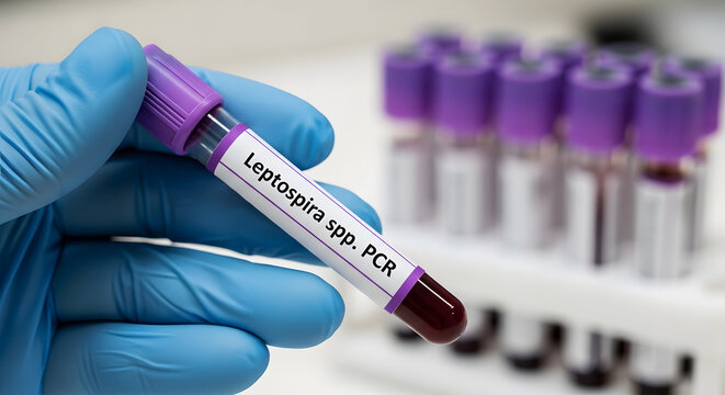 Hand in blue glove holding blood sample tube labeled Leptospira spp P C R medical laboratory