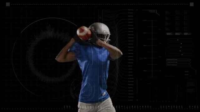 Male football player after tuck for drill winding, throwing ball while ring and HUD showing motion