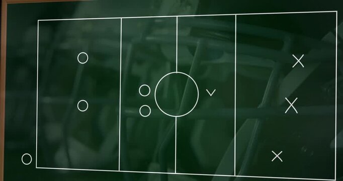 Guideline strokes starting chalkboard pitch drawing, circles emerging and arrows showing attack