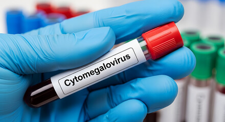 Naklejka premium Hand in blue glove holding blood sample vial labeled Cytomegalovirus image