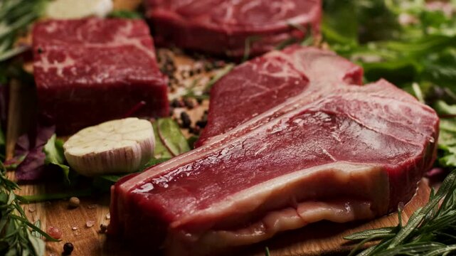 Variety of Raw Beef Steaks on Table, including T-bone and Osso Buco cuts