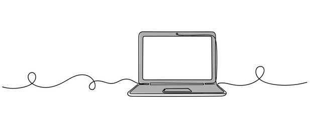 Plakat Laptop computer open on continuous line drawing background