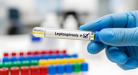 Fototapeta premium Hand in blue glove holding test tube labeled Leptospirosis positive check