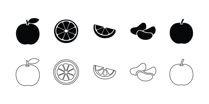 Orange fruit icon set with citrus slice wedge and outline silhouettes