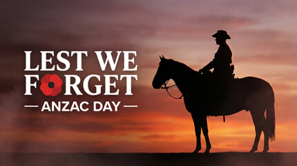 Lest we forget. ANZAC Day silhouette of mounted soldier at sunrise for Remembrance Day. 