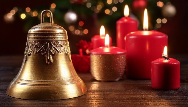 goldene hand glocke aus messing mit brennenden roten kerzen an weihnachten