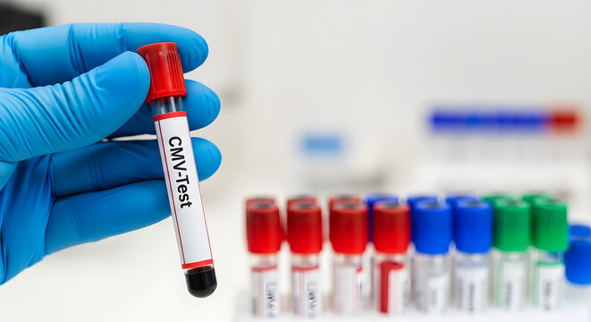 Hand in blue glove holds C M V test tube with red cap in lab image