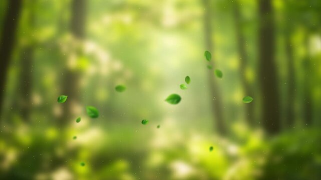 Green leaves falling with floating dust particles over a blurred nature background. Seamless looping animation suitable for eco themes, environmental videos, and nature backgrounds.