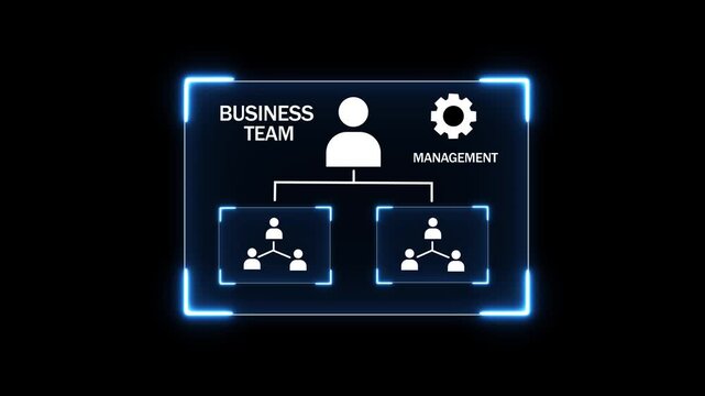 Corporate business team hierarchy and management structure futuristic digital interface glowing blue neon organizational chart , on Black Screen and Features high quality 4k Animationon