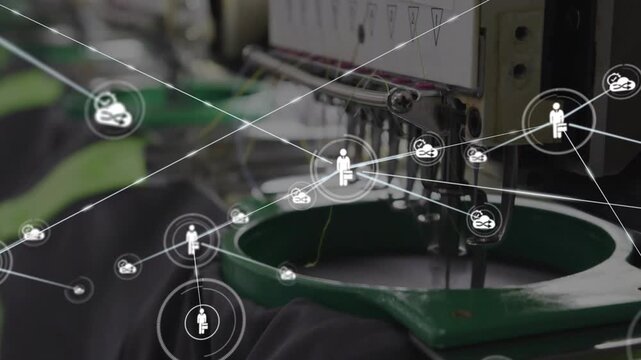 Embroidery hoop and needle showing circle by needle, growing person network mapping textile flow