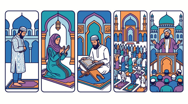 Islamic Prayer & Worship Vector Set: Muslims Praying, Reading Quran, and Attending Sermon in Mosque. Religious devotion for Ramadan, Eid al-Fitr, al-Adha.