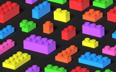 Fototapeta premium Seamless background made with realistic multicolor plastik constructor blocks on dark grey background. Play and build concept. 3D rendered vector illustration