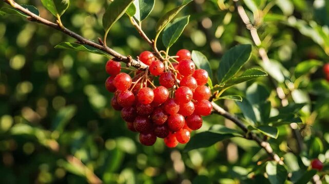 Shining Chokecherries A Burst of Red in Summers Green Embrace.