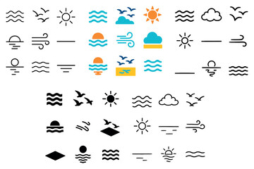 Obraz premium Coastal icons with sun bird flat
