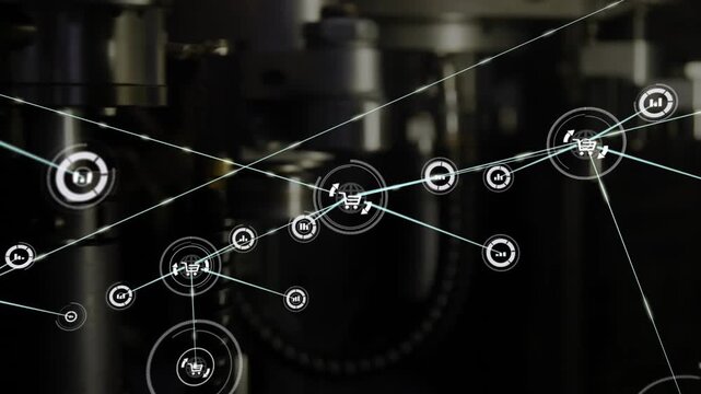 Center cart node appearing and radiating cyan lines, network growing over plant gear showing stock